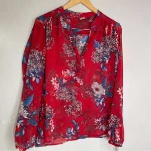 KUT‎ From The Kloth Womens Tunic Blouse Top Size M Red Floral Sheer Long Sleeve